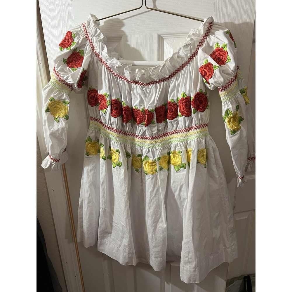 $275~BEAUTY~RARE‎ ROJA~L- Western Boho Embroidered Smock Peasant Dress Tunic